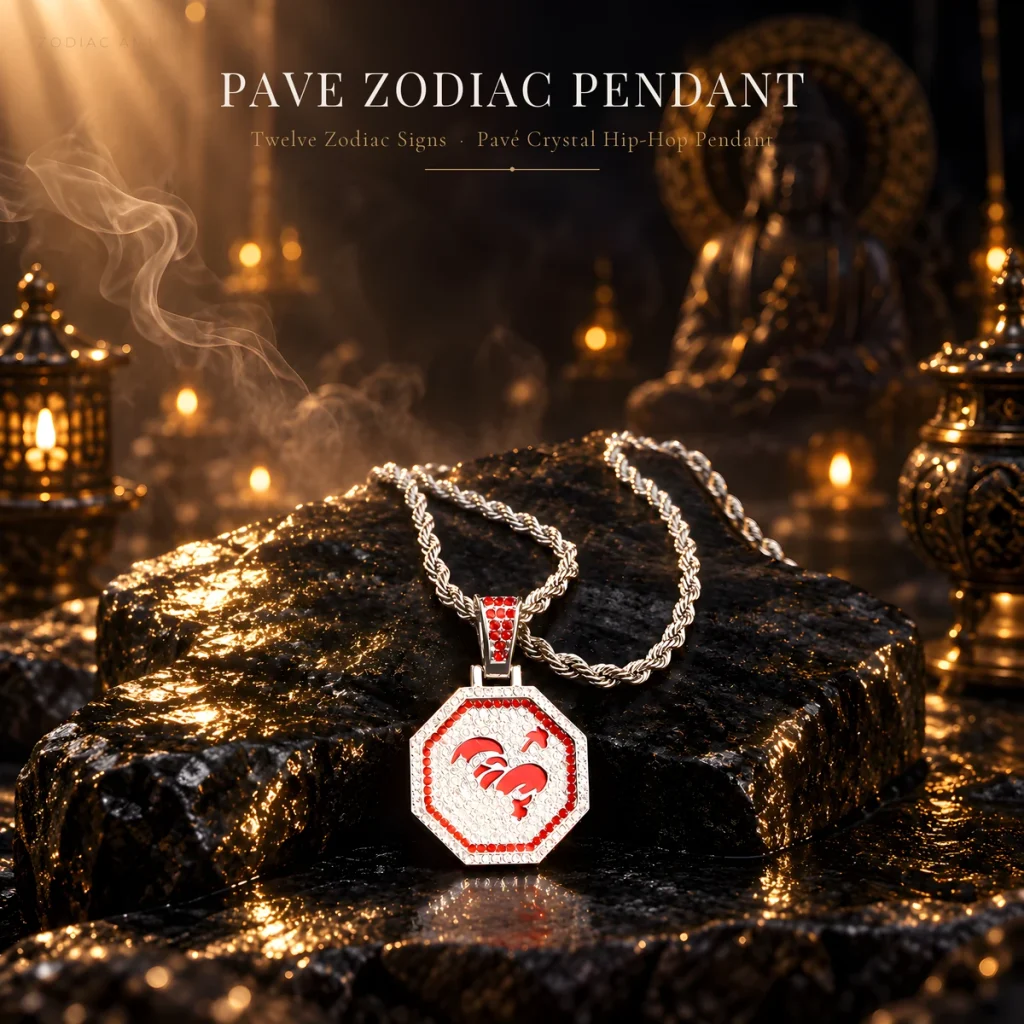 Pave Octagon Zodiac Pendant Necklace — 60cm Chain