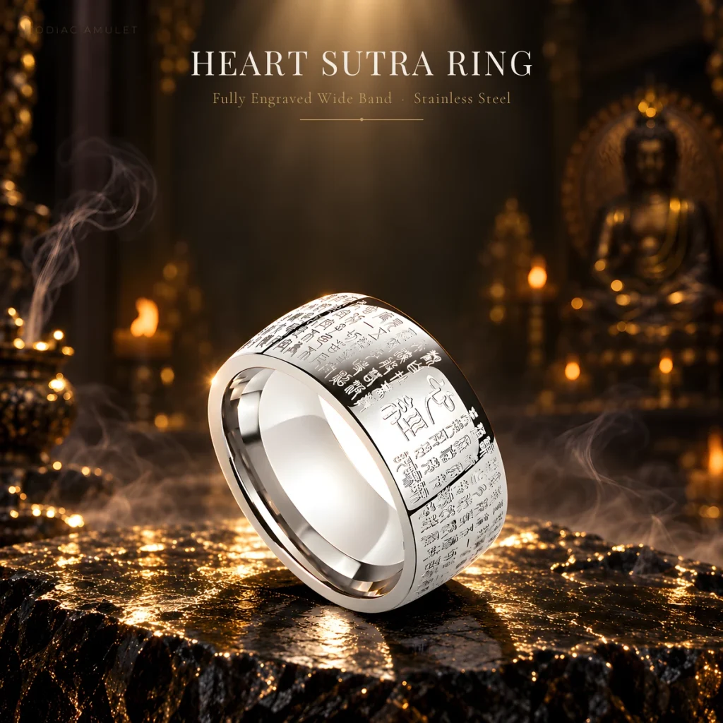 Heart Sutra Wide Band Ring — Titanium Steel, Seal-Script