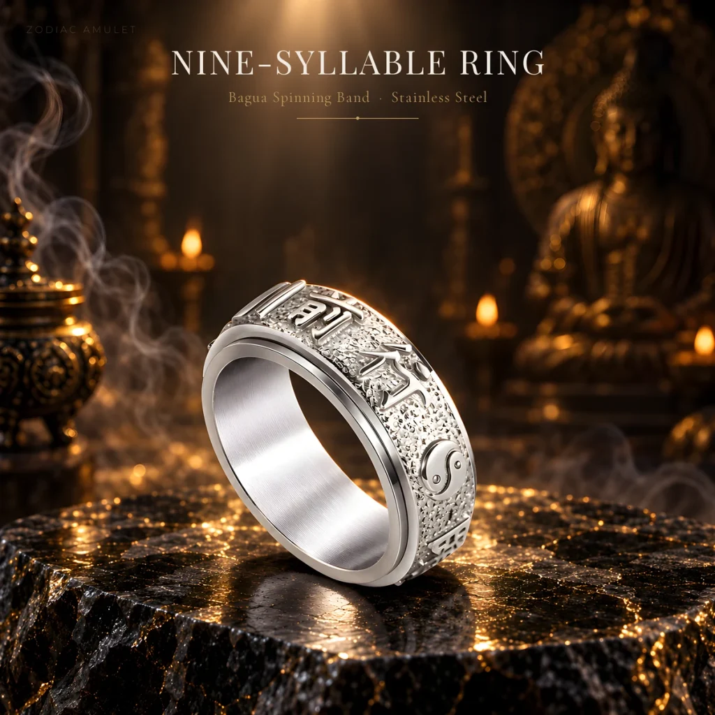 Nine-Syllable Mantra Bagua Spinning Ring — Titanium Steel
